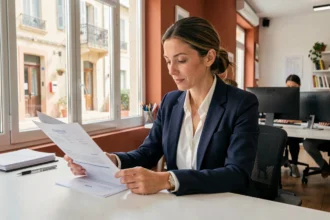 Femme d'affaires consultant des documents administratifs pour domicilier son entreprise à Montpellier dans un espace de coworking moderne