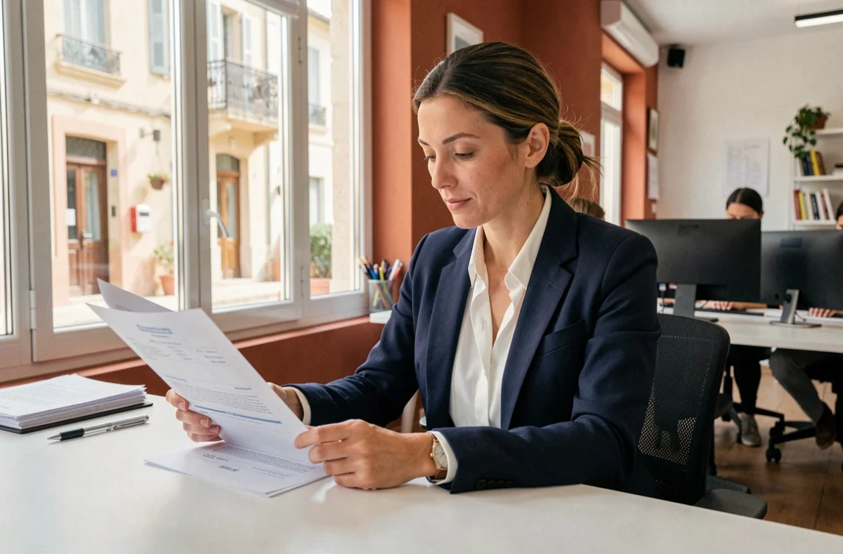 Femme d'affaires consultant des documents administratifs pour domicilier son entreprise à Montpellier dans un espace de coworking moderne