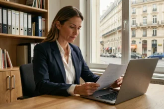 Femme entrepreneur travaillant depuis son bureau à domicile à Nancy, gérant la domiciliation de son entreprise sans local physique
