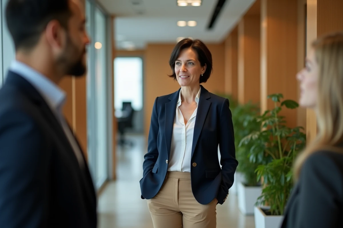 Femme professionnelle à l'écoute attentive d'un groupe de collègues dans un couloir de bureau, symbolisant les pièges de sens dans les échanges collectifs