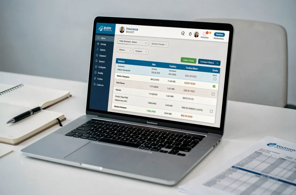 Écran d'ordinateur affichant un tableau de bord extranet de gestion de portefeuille de courtage assurance avec filtres et colonnes de contrats