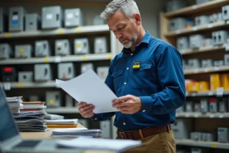Électricien homme en magasin électrique examine des documents