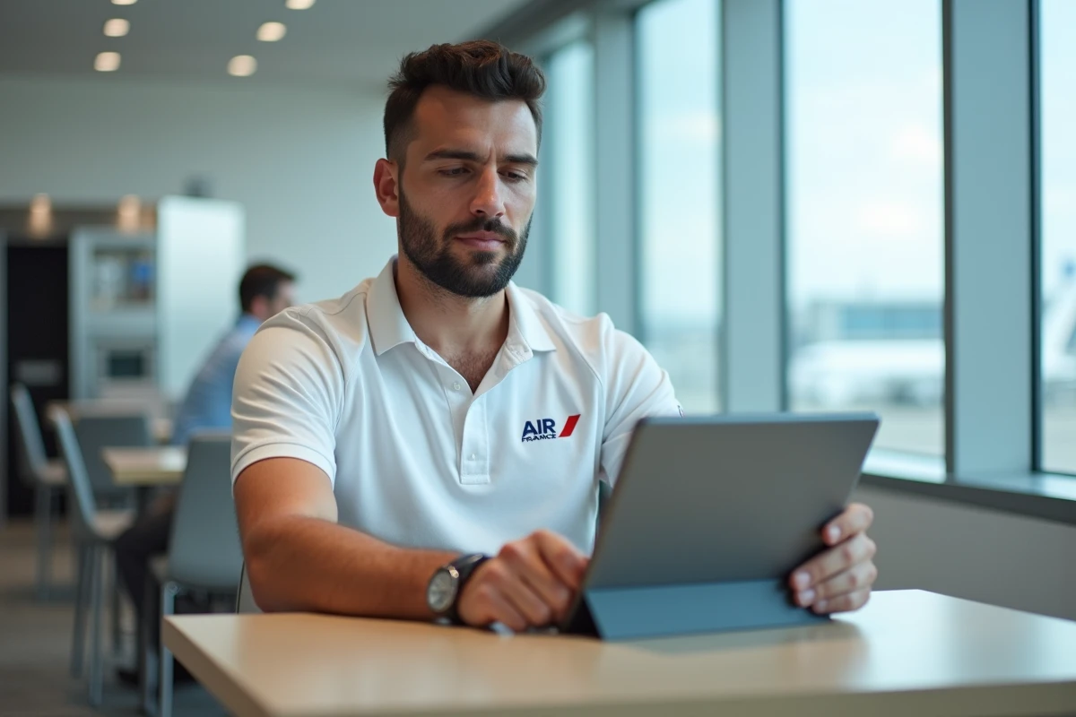 Nouvel employé Air France consultant un guide d'intégration GPNet AF sur tablette dans la salle de pause aéroportuaire