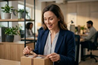 Employée souriante découvrant un cadeau personnalisé dans un bureau moderne, illustrant la motivation au travail par des cadeaux innovants