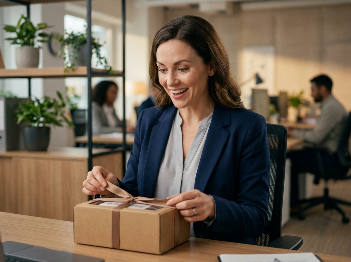 Employée souriante découvrant un cadeau personnalisé dans un bureau moderne, illustrant la motivation au travail par des cadeaux innovants