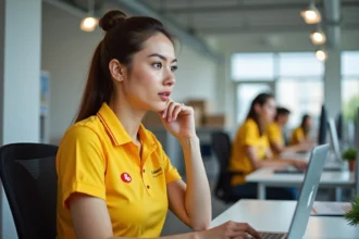 Employée La Poste en uniforme jaune naviguant sur le portail extranet GTm depuis son poste de travail en bureau logistique