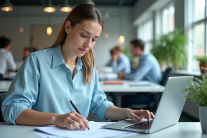 Employée La Poste vérifiant sa check-list de connexion à la Box RH sur un ordinateur portable au bureau