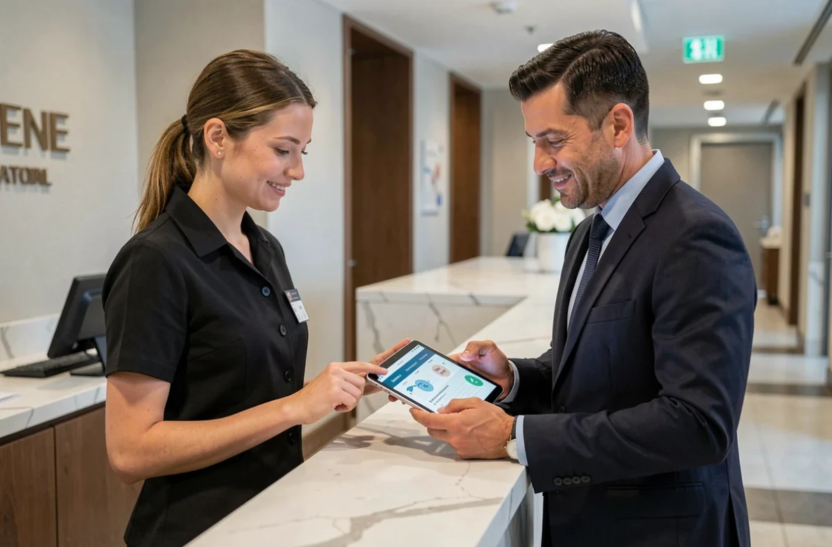 Deux employés d'hôtel consultent ensemble une comparaison de salaires sur une tablette à la réception