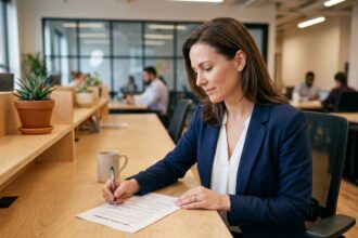 Employeuse en blazer marine relisant attentivement un contrat de travail à son bureau dans un open space moderne