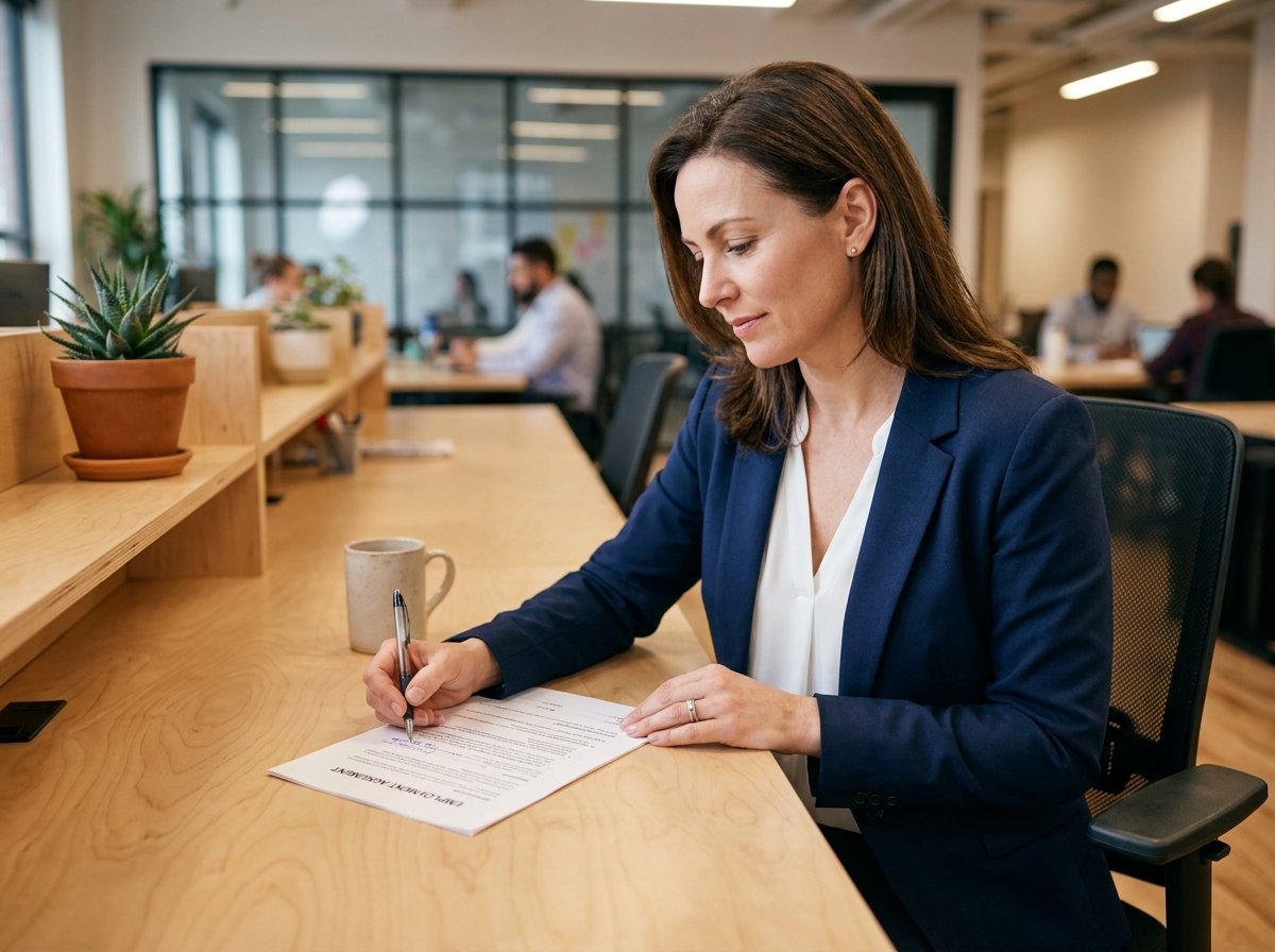 Employeuse en blazer marine relisant attentivement un contrat de travail à son bureau dans un open space moderne