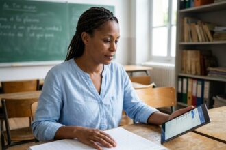 Enseignante faisant la transition entre un registre papier et une tablette numérique pour le suivi d'assiduité en classe