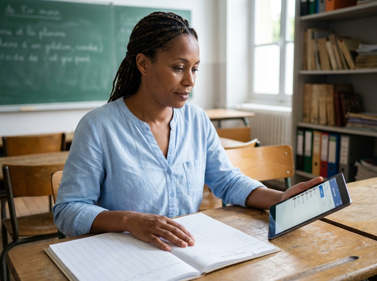 Enseignante faisant la transition entre un registre papier et une tablette numérique pour le suivi d'assiduité en classe