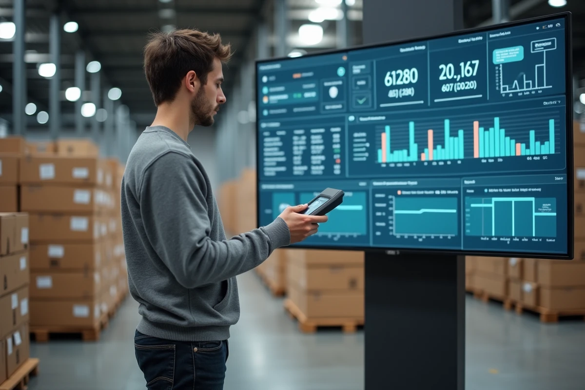 Employé du secteur tertiaire scannant des colis dans un entrepôt connecté au numérique, symbolisant la transformation logistique du e-commerce