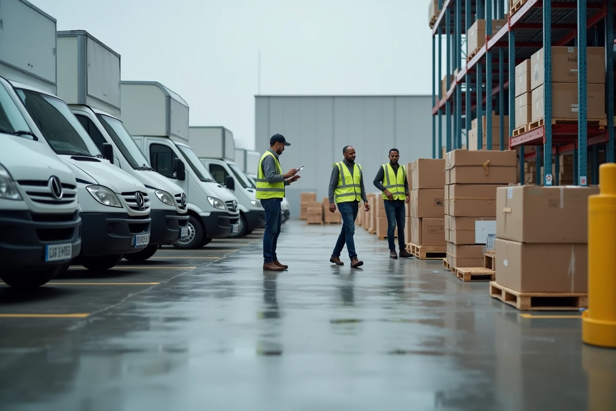 Entrepôt logistique e-commerce avec des livreurs scannant des colis sur palette dans un dépôt de transport