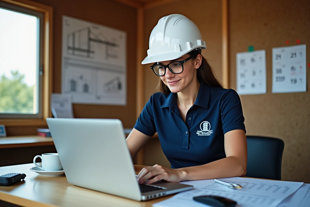 Femme entrepreneur BTP complétant un devis chantier détaillé sur ordinateur dans un bureau de chantier