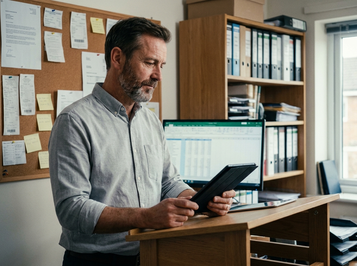 Entrepreneur examinant une facture numérique sur tablette dans un bureau comptable bien organisé