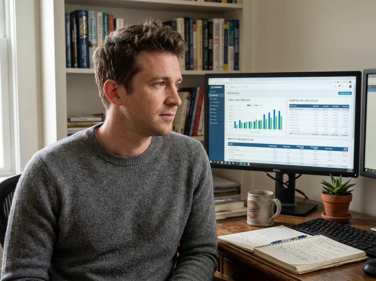 Entrepreneur indépendant gérant sa facturation ponctuelle et récurrente depuis son bureau à domicile