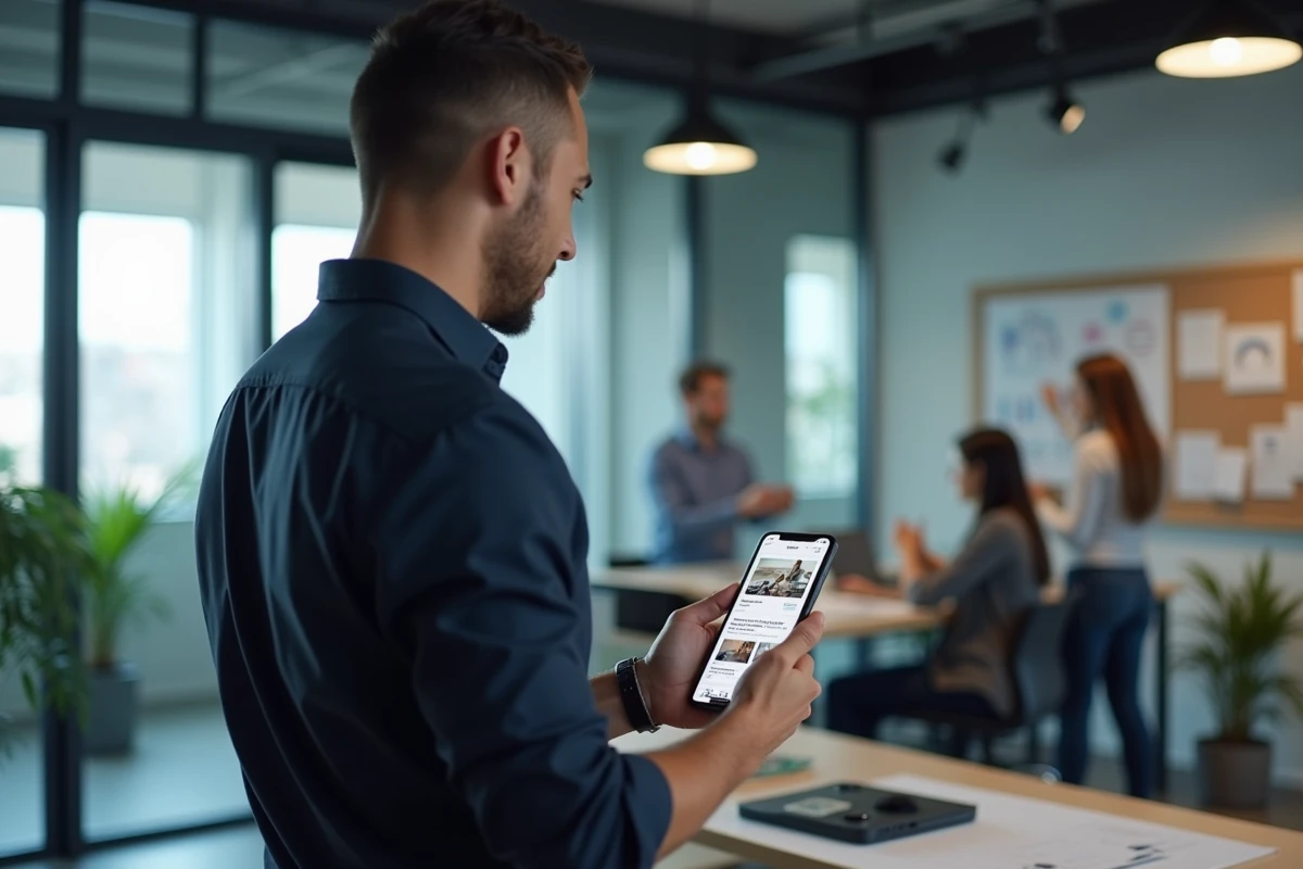 Entrepreneur masculin consultant un média business startup sur smartphone dans un bureau minimaliste