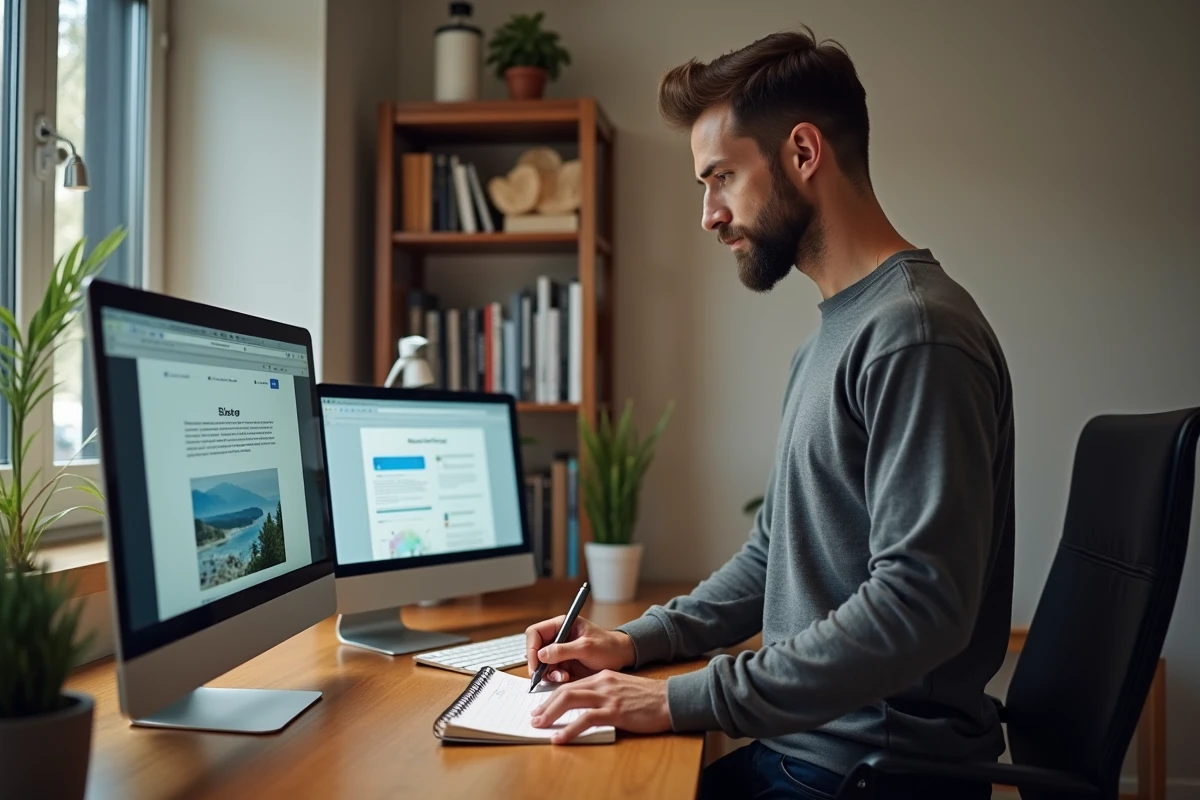 Chef de petite entreprise prenant des notes manuscrites en lisant un blog de conseils communication pour PME depuis son bureau à domicile