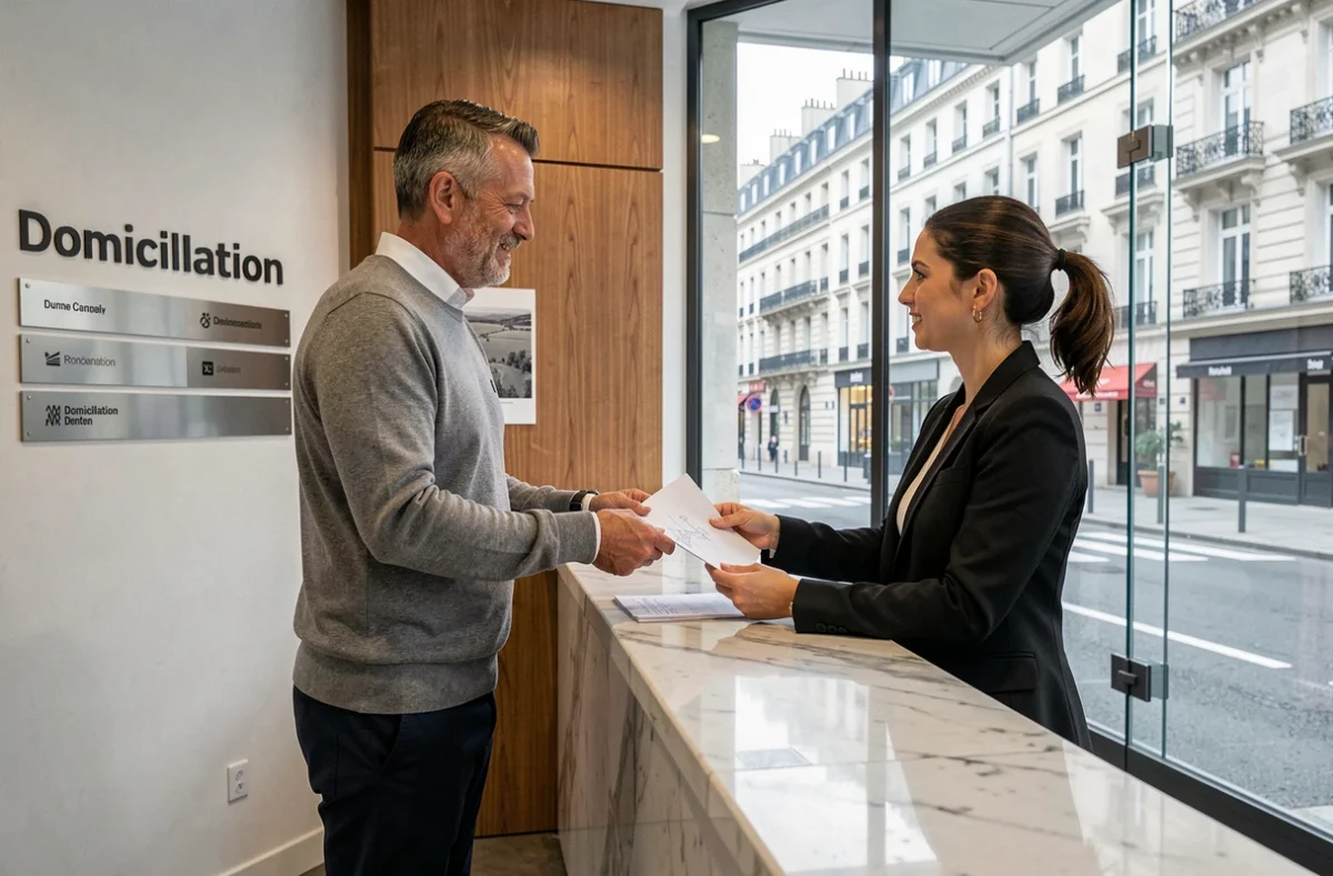 Entrepreneur signant un contrat de domiciliation dans un centre d'affaires professionnel à Tours