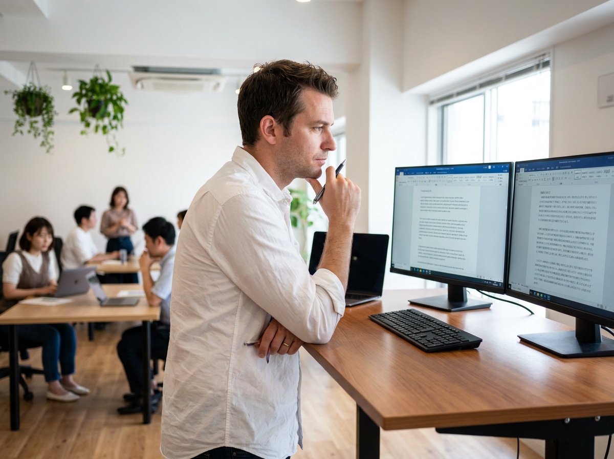 Entrepreneur comparant des traductions sur deux écrans dans un espace de coworking lumineux