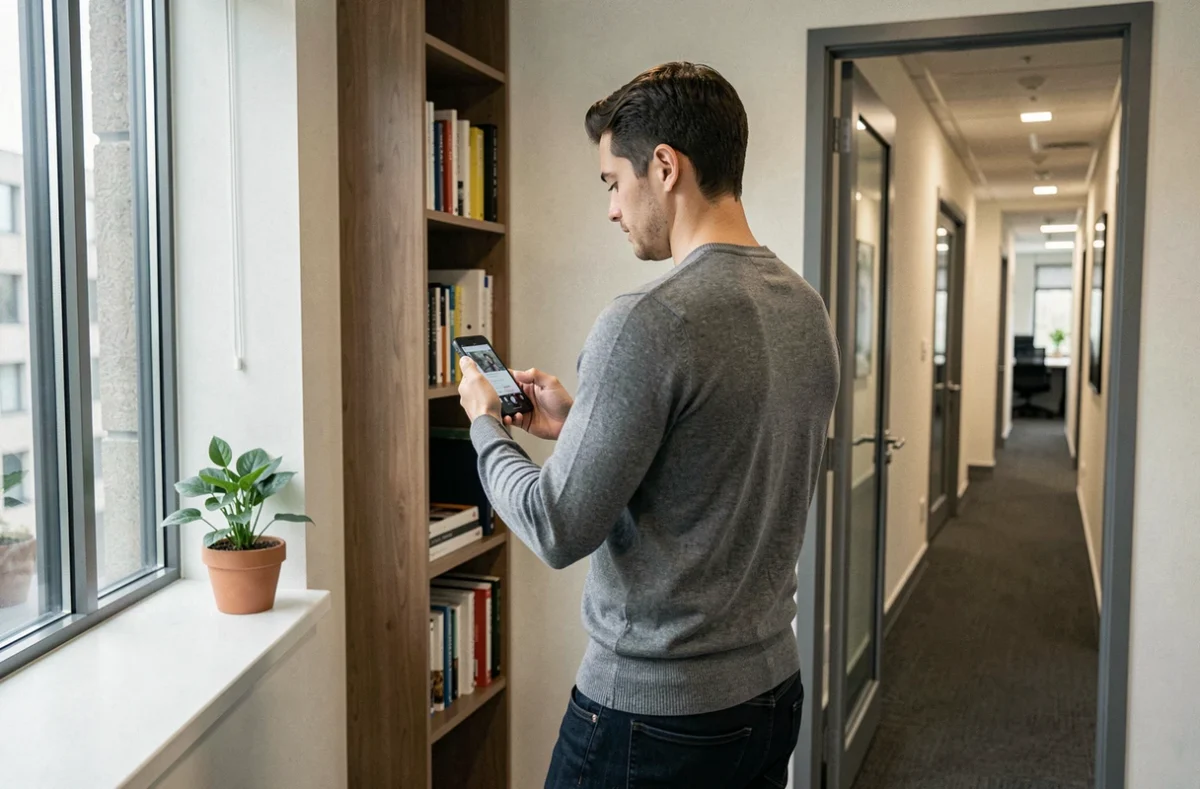 Jeune entrepreneur visitant un bureau privé à louer, prenant des notes sur son smartphone près d'une fenêtre dans un immeuble de bureaux moderne