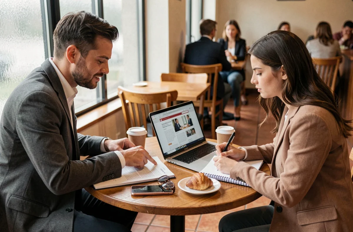Deux jeunes entrepreneurs en réunion informelle dans un café, consultant des ressources en ligne pour lancer leur activité