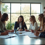 Groupe diversifié en réunion de travail dans un bureau lumineux