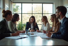 Groupe diversifié en réunion de travail dans un bureau lumineux