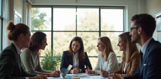 Groupe diversifié en réunion de travail dans un bureau lumineux