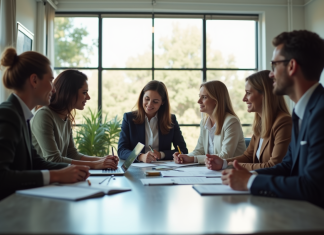 Groupe diversifié en réunion de travail dans un bureau lumineux