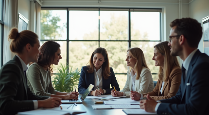 Groupe diversifié en réunion de travail dans un bureau lumineux