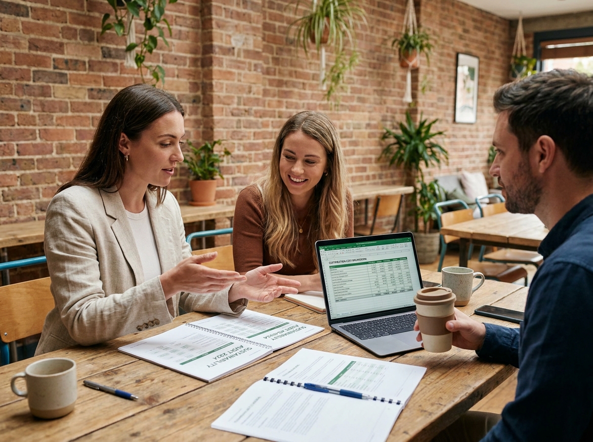 Équipe de petite entreprise analysant les coûts d'une certification environnementale lors d'une réunion de travail