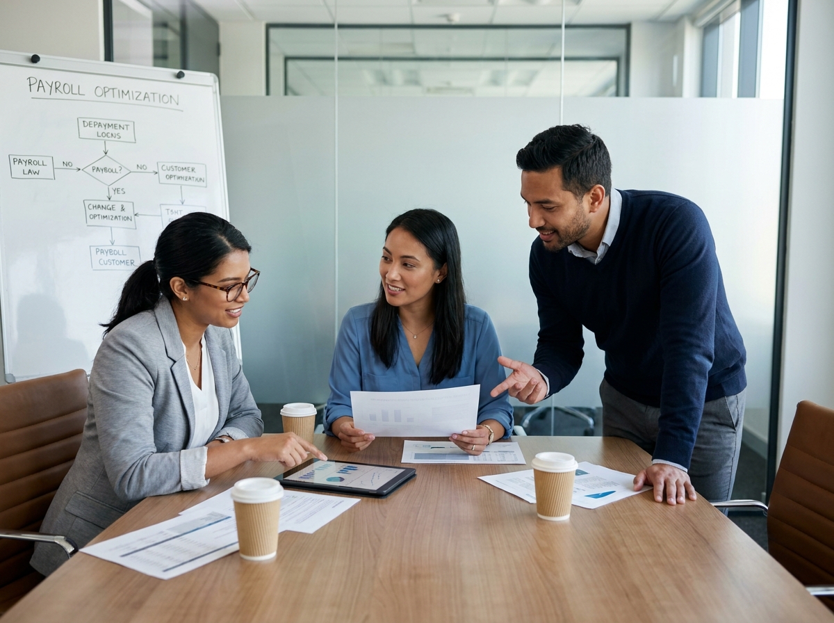 Équipe de professionnels collaborant sur la simplification de la gestion de la paie en salle de réunion