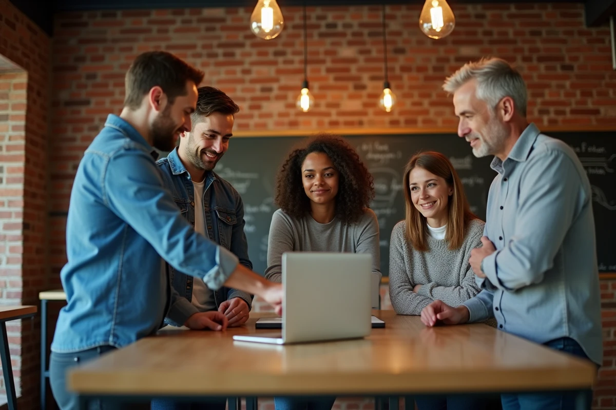 Équipe mixte en discussion autour d'un ordinateur portable dans un espace de coworking, illustrant les malentendus et nuances de sens au sein d'un groupe