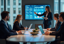 Digitalisation d’un projet d’entreprise : méthodes et étapes clés pour réussir ! Groupe de professionnels en réunion avec tableau digital