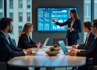 Digitalisation d’un projet d’entreprise : méthodes et étapes clés pour réussir ! Groupe de professionnels en réunion avec tableau digital