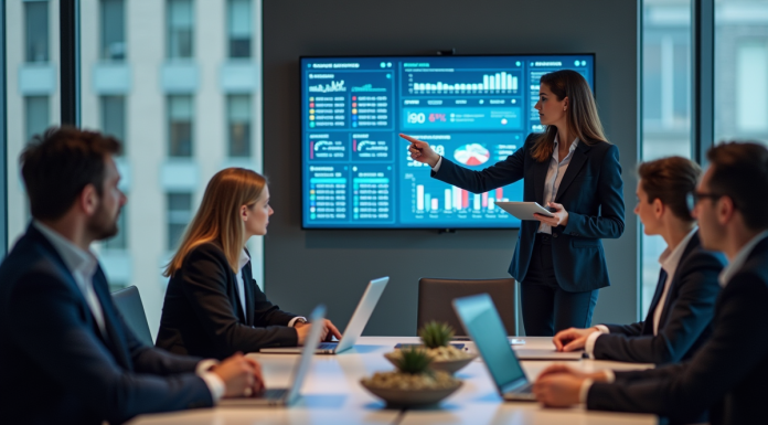 Groupe de professionnels en réunion avec tableau digital