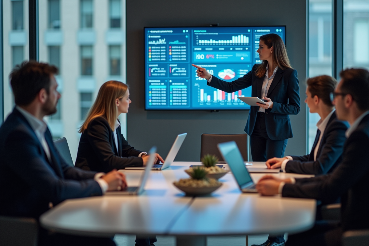 Groupe de professionnels en réunion avec tableau digital