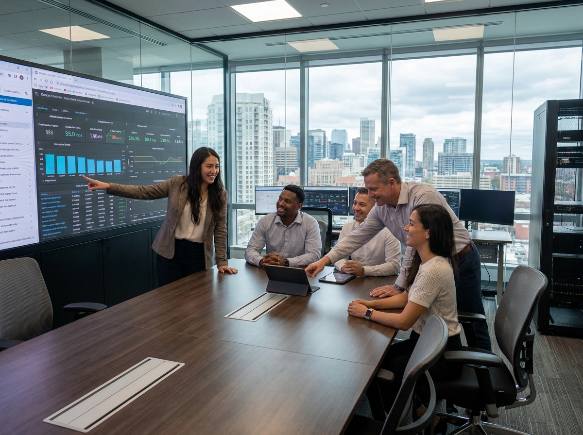 Groupe de professionnels discutant autour d un tableau digital