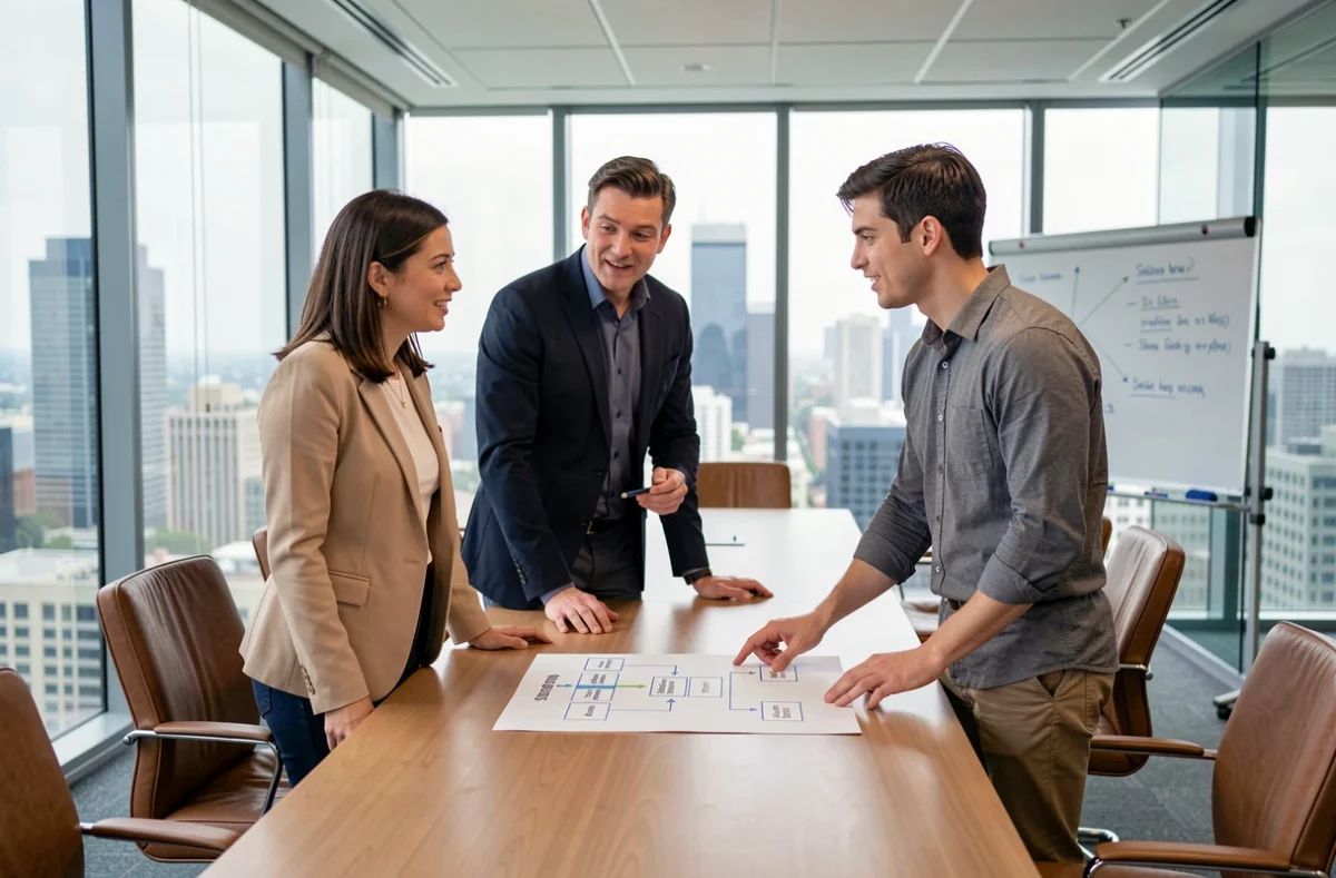 Trois professionnels discutent du fonctionnement du portage salarial autour d'une table de réunion dans un immeuble de bureaux moderne