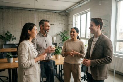 Équipe multiculturelle et intergénérationnelle collaborant autour d'un tableau blanc dans un bureau moderne, illustrant la diversité en entreprise