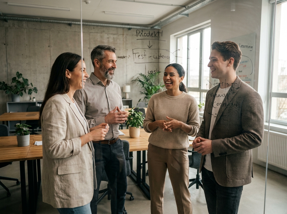 Équipe multiculturelle et intergénérationnelle collaborant autour d'un tableau blanc dans un bureau moderne, illustrant la diversité en entreprise