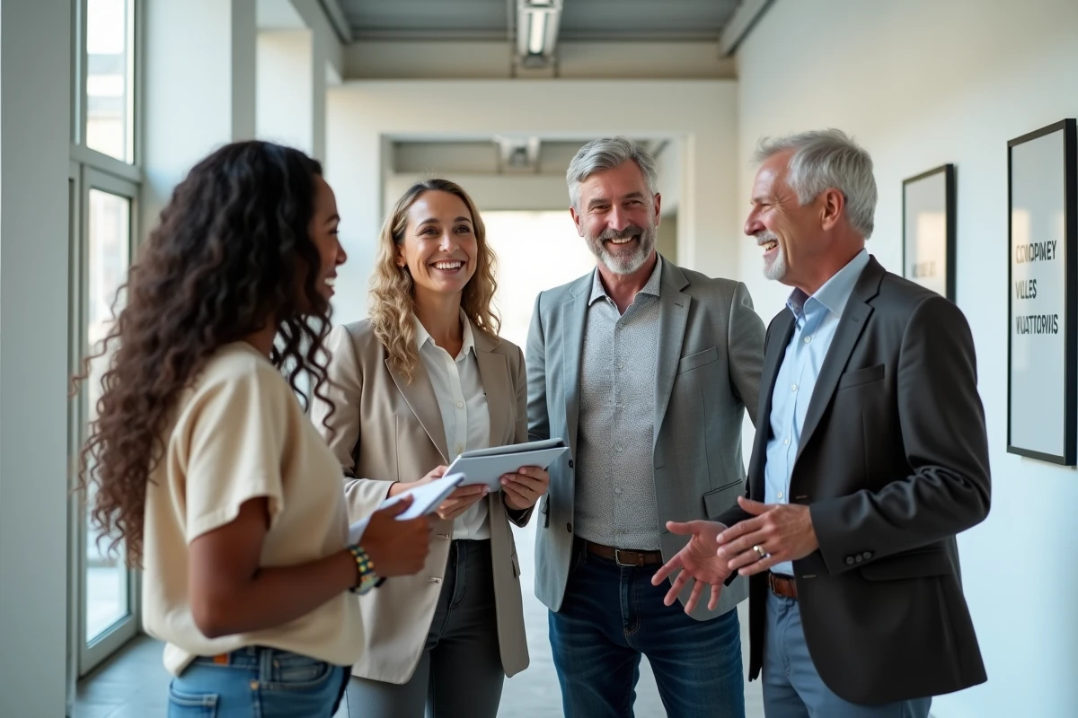 Équipe professionnelle diverse partageant un moment de complicité dans un couloir d'entreprise moderne illustrant la culture inclusive