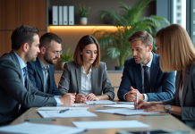 Groupe de professionnels en réunion dans une salle moderne
