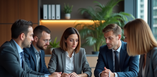 Groupe de professionnels en réunion dans une salle moderne