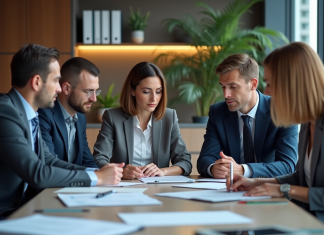 Groupe de professionnels en réunion dans une salle moderne