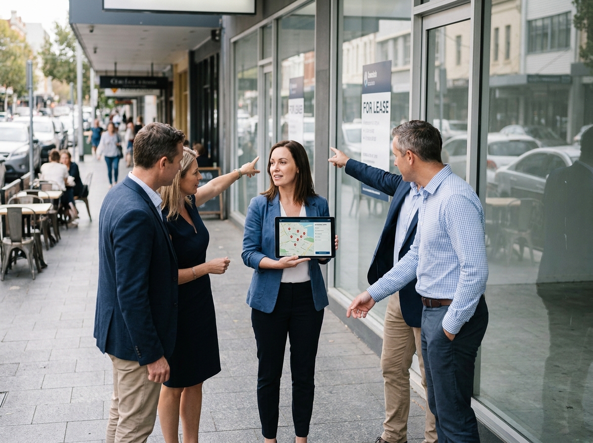 Équipe de professionnels évaluant l'emplacement d'un local commercial dans un quartier urbain animé