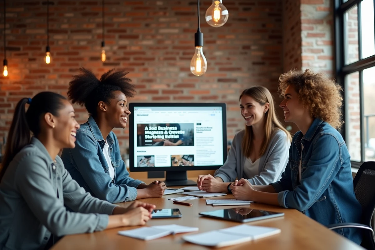 Équipe de fondateurs de startup discutant autour d'un écran affichant un média business en ligne