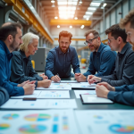 Groupe d'ingénieurs en discussion dans une usine moderne